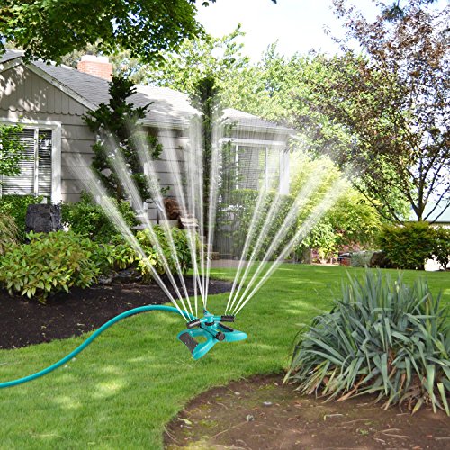 Lawn Sprinkler, Automatic 360°Rotating Garden Sprinkler Heads Adjustable Garden Watering Sprinklers with 3600 SQ FT Coverage Lawn Irrigation System Leak Free Design Durable 3 Arm Sprayer for Kids Play