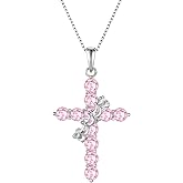 YIFSIY Rotated Crown Cross Necklaces for Women, 925 Sterling Silver Round Cut Zircon Neckalce Pendant With Ring Birthstones Jewelry for Her
