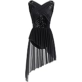 AFAVOM Women's Lyrical Dance Costume Sequin Flower Lyrical Dress Asymmetric Flowy Tulle Skirt Contemporary Dance Costumes