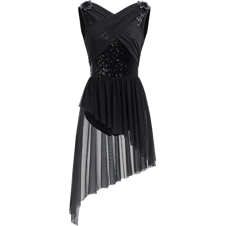 Women Long Sleeve Figure Skating Leotard Dress Sheer Mesh Rhinestone