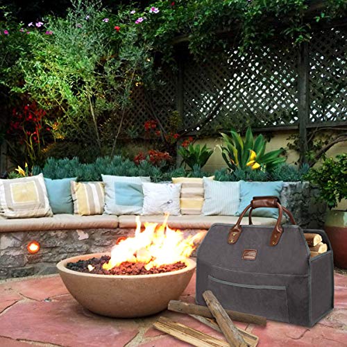 Sunflora Firewood Carrier Tote Bag with Extra Thick Padded Handle for Easy Carrying, Large Water Resistant Log Carrier with Front Pocket for Accessories for Camping, Fireplace Wood Stove (Dark Gray)