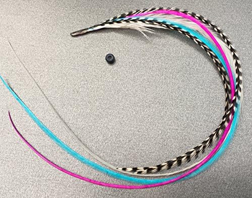 1 Bonded Feather Hair Extensions, 5 Real Rooster Feathers Grouped into One Extension, Real Rooster Natural Grizzly Turquoise Blue &amp; Pink