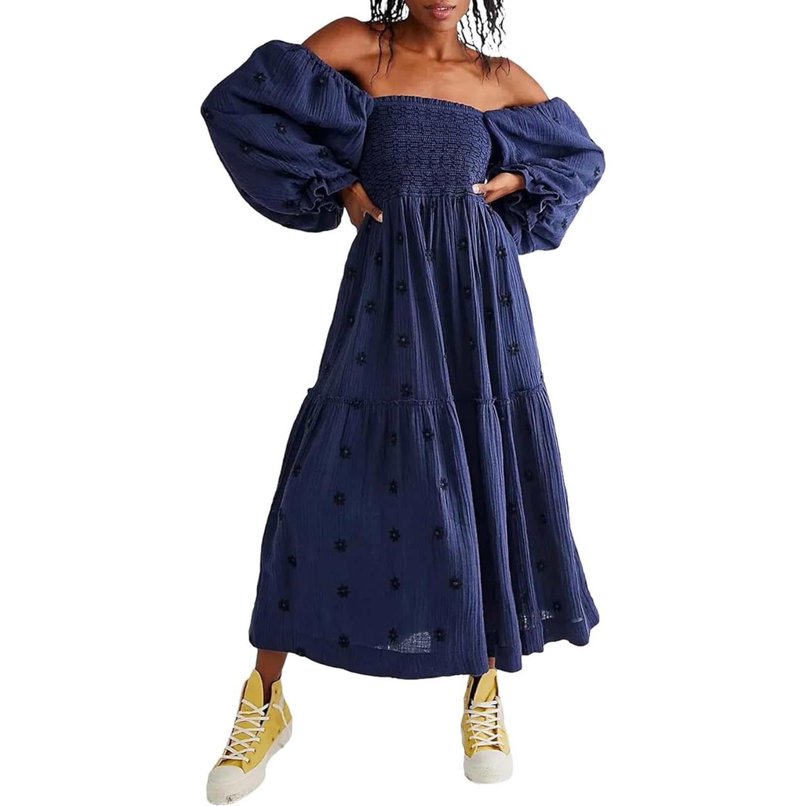 Photo 1 of ABYOVRT Women Floral Embroidered Maxi Dress Long Puff Sleeve Square Neck Bohemian Flowy Dress with Pockets Summer Fall (Navy Blue,L)