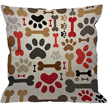 HGOD DESIGNS Dogs Paws and Bones Throw Pillow Cover,Lovely Cartoon Adorable Footprint Decorative Pillow Cases Cotton Linen Square Cushion Covers for Home Sofa Couch 18x18 inch