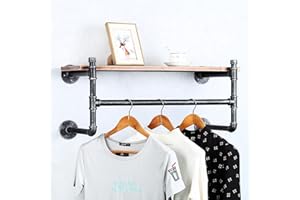 JIANZHUO Industrial Pipe Clothing Rack Wall Mounted with Real Wood Shelf,Rustic Retail Garment Rack Display Rack Cloths Rack,Pipe Shelving Floating Shelves Wall Shelf,30in Commercial Clothes Racks