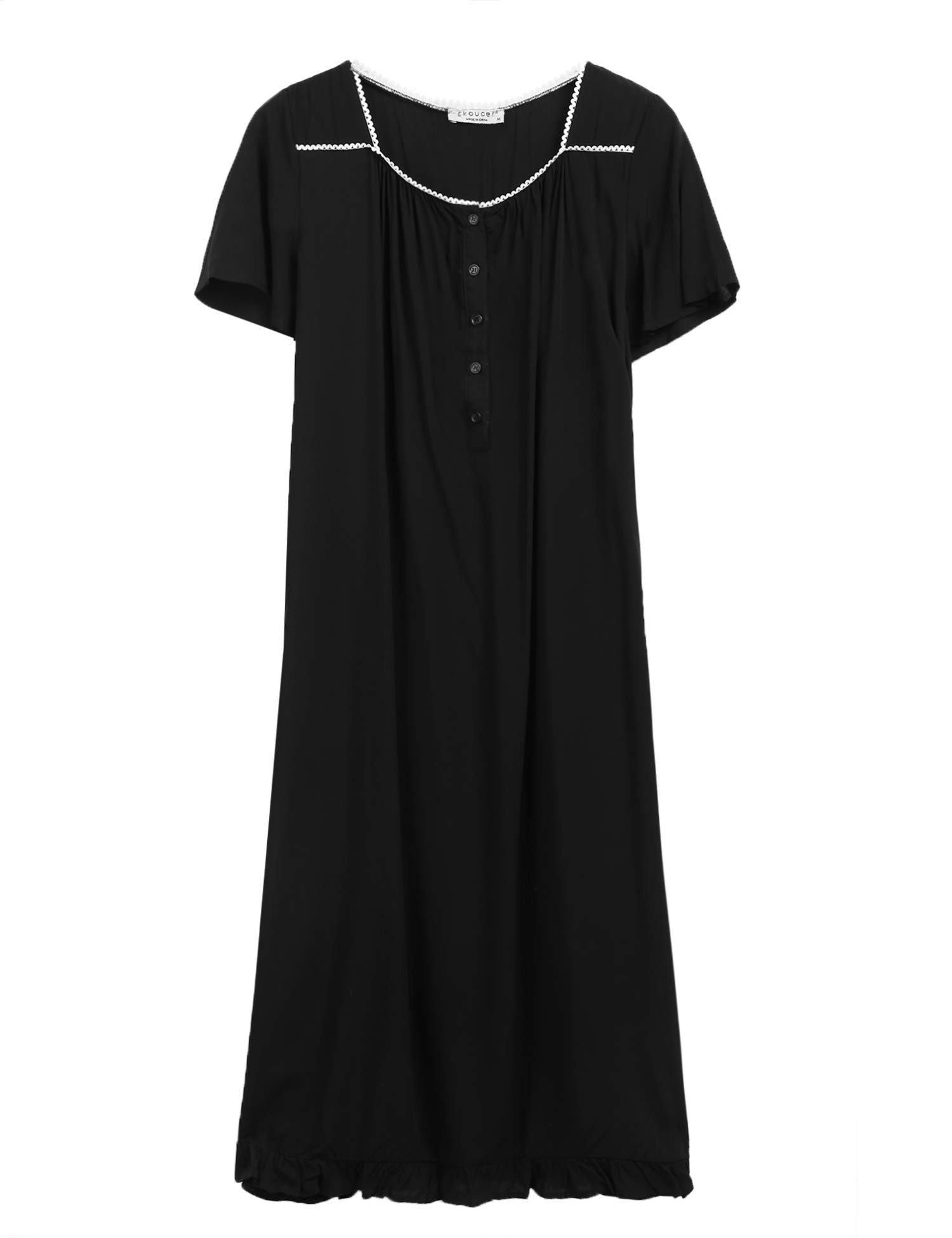 Ekouaer Women\'s Nightgowns Vintage Style Short Sleeve Sleepwear,Black,Medium