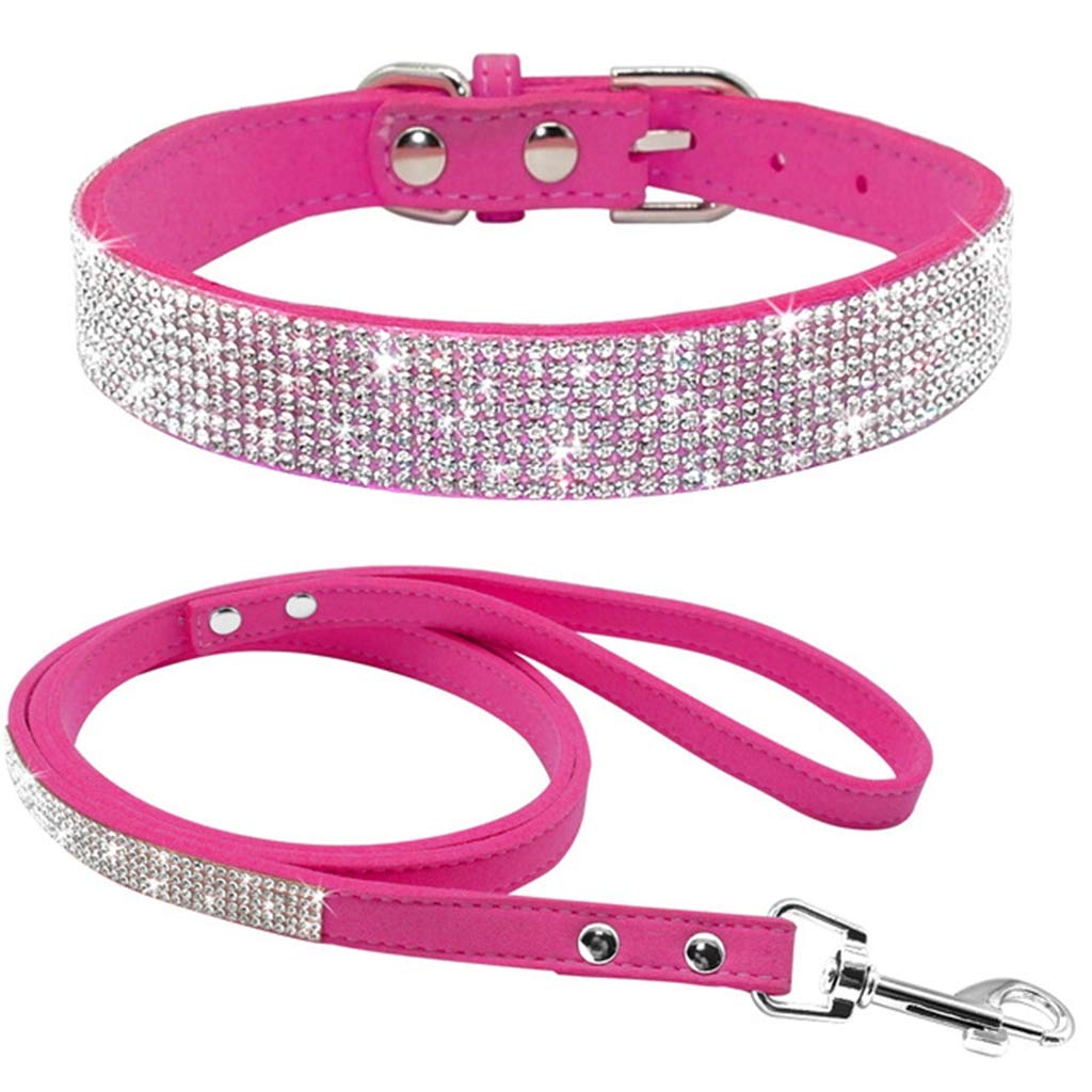TELEYI Rhinestone Bling Leather Dog Cat Collar & Leash Set Crystal Diamonds Studded Cute Bowknot Puppy Small Dogs Collar Puppy Leash