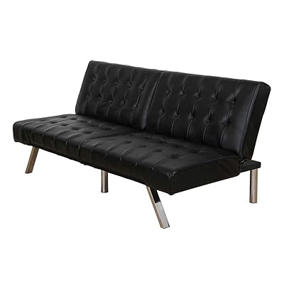 MHG Futon Sofa with Chrome Legs Converts to Bed, Black Faux Leather