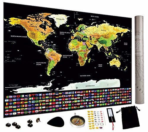 Scratch Off World Travel Map Poster & Wall Decor by OffiCreative | 33 x 23 Inches Travel Scratch Map | with Compass, Magnifier, Scratcher, Pins, Emotion & Memory Stickers.