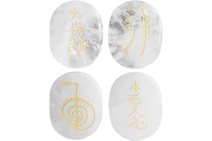 dssmboom Set of 4 Oval Rock Quartz Crystal Engraved Usui Reiki Symbols Pocket Worry Palm Stone for Chakra Balancing Meditation Spiritual Healing