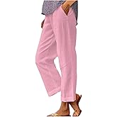 APRDFEU Cotton Linen Pants Women Summer Boho Dressy Casual Straight Leg Capri Pants Elastic Waist Beach Trousers with Pockets
