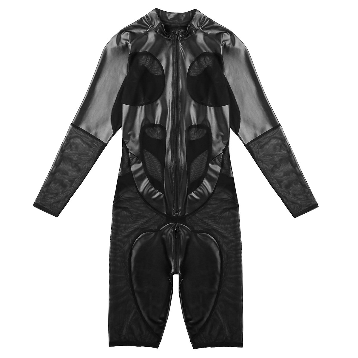 iEFiEL Men's Faux Leather and Mesh Splice Long Sleeve Zipper Catsuit