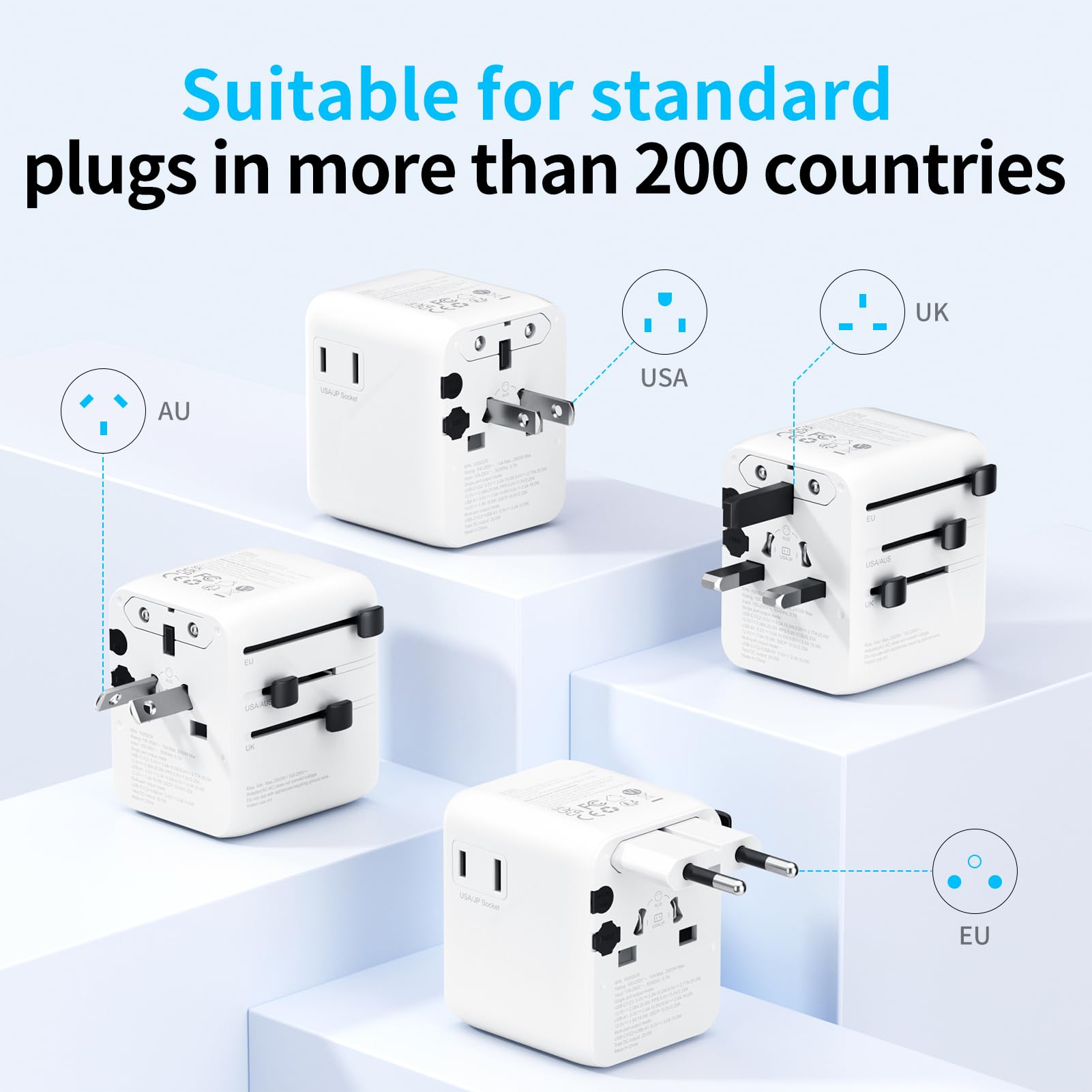 5 in 1 Reiseadapter Weltweit,Universal Adapter mit USB A,USB C,1 Weltweit Steckdose und 1 USA/JP Steckdose,Travel Reisestecker Internationaler Steckdosenadapter für EU USA UK Canada Japan Australien 4