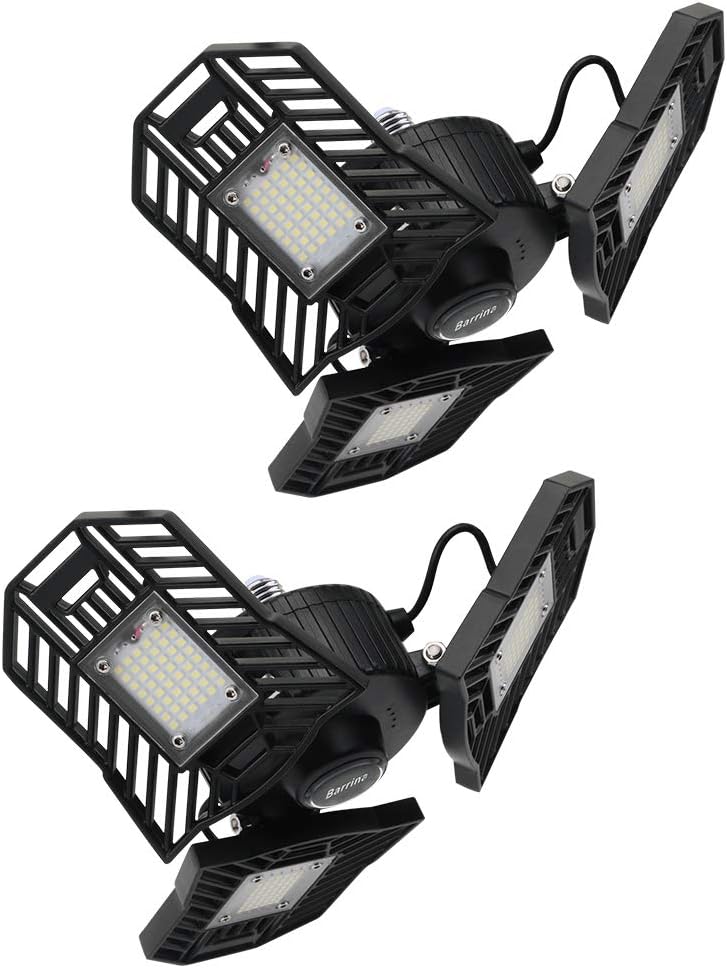 (Pack of 2) Barrina LED Garage Lights 5000K, 6000LM 60W, E26 LED Bulb, Garage Lighting Fixtures Ceiling LED, 3 Adjustable Deformable Head, Utility Shop Light for Garage, Warehouse, Workshop, Black
