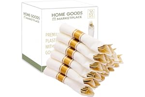 HOME GOODS MARKETPLACE Gold Plastic Silverware Pre-Rolled Sets; Fork, Spoon, and Knife Rolls, Pack of 20 Pre-Rolled Sets