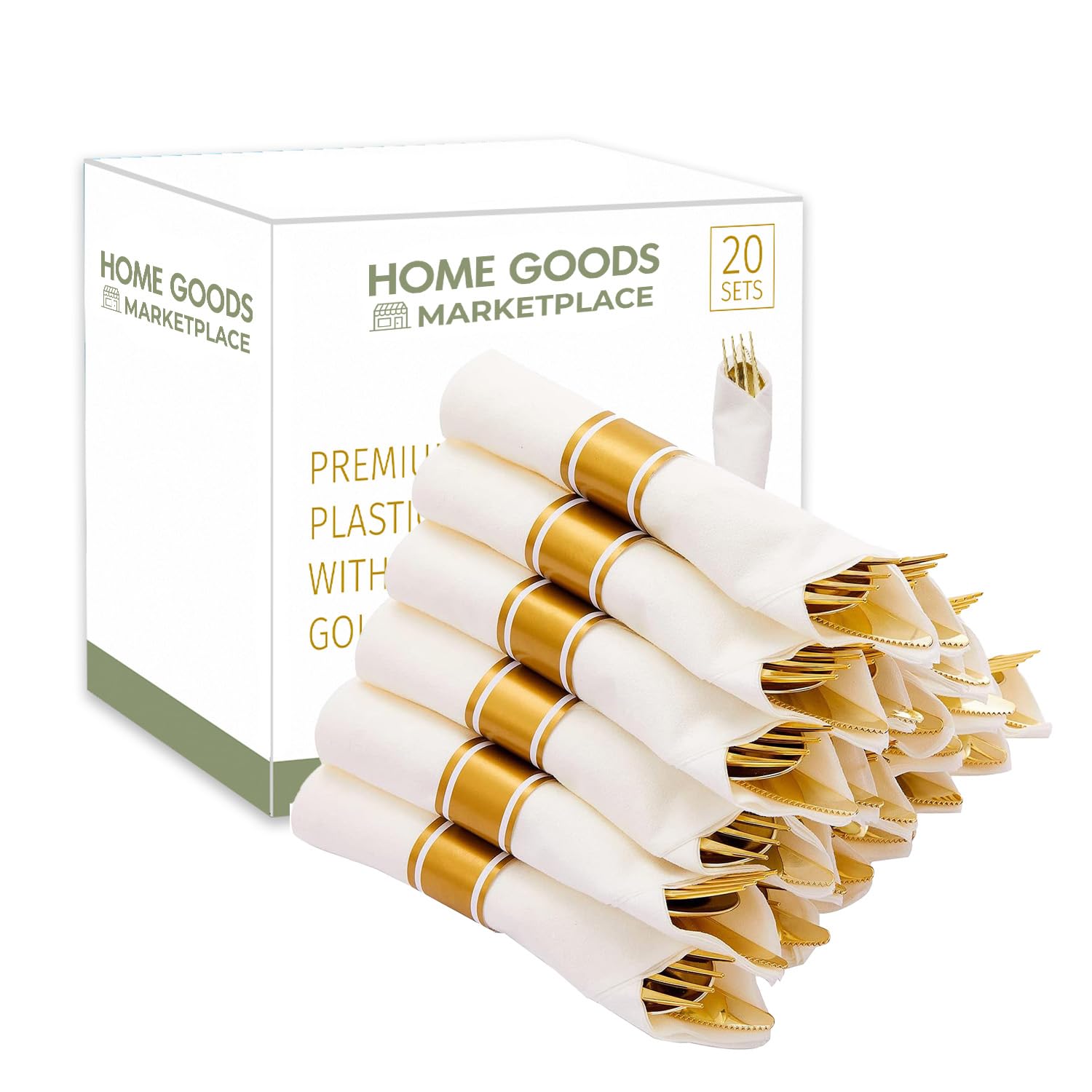 Photo 1 of *** only 8 pack*** Gold Plastic Silverware Pre-Rolled Sets; Fork, Spoon, and Knife Rolls, Pack of 20 Pre-Rolled Sets