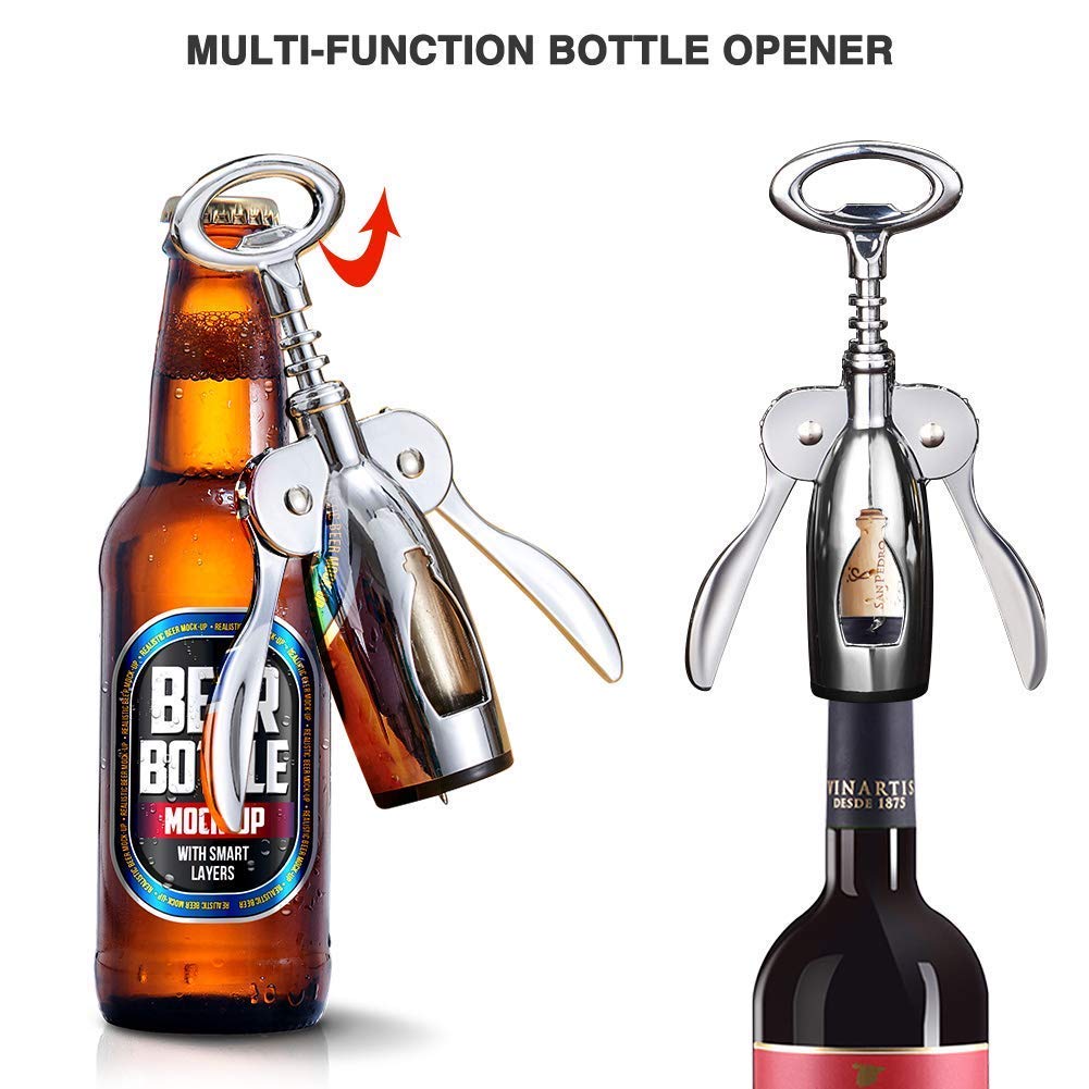 Wing Corkscrew Wine Opener, 2in1 Multifunctional Red Wine and Beer Remover, Stainless Steel & Zinc Alloy Material, Bar/Kitchen/Restaurant Tools, Silver