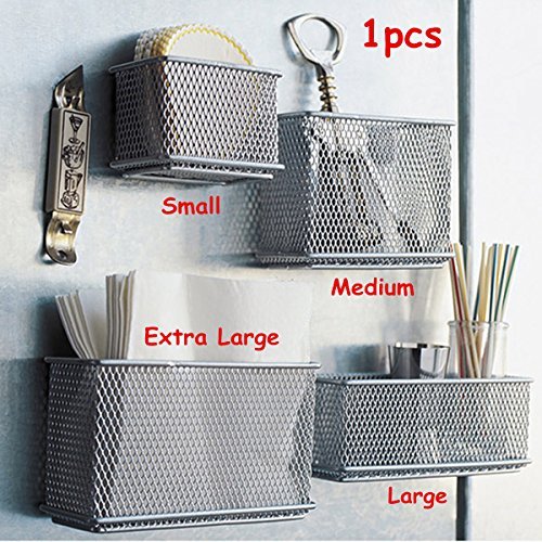 Caveen Wire Mesh Magnetic Storage Basket Tray Metal Desk Caddy Storage Organizer For Refrigerator Whiteboard Silver M