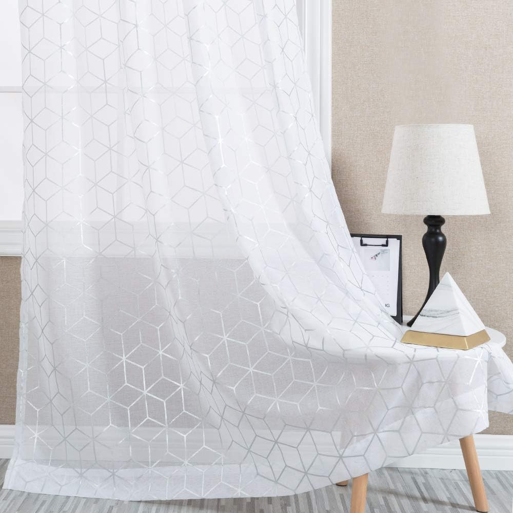 Amazon.com: Vangao Foil Print Sheer Curtains White Voile 84 inches Long