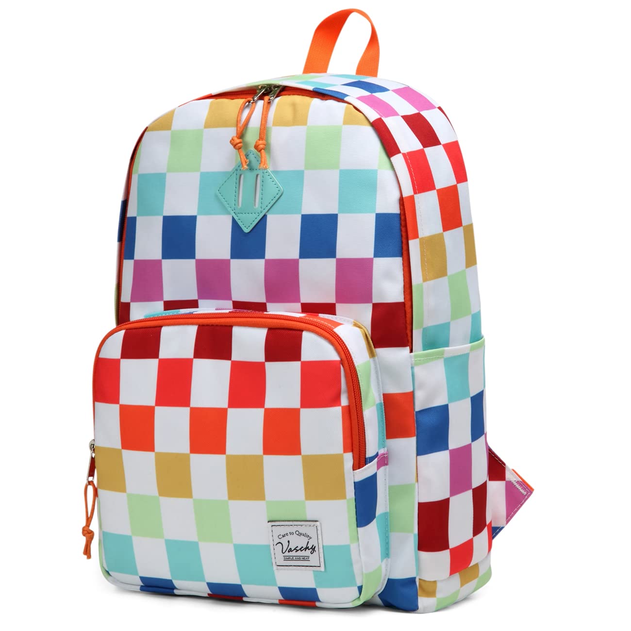 VASCHY Backpack for Men and Women, Lightweight School Bag for Boys and Girls Casual Daypack Water Resistant Rucksack for Work, Travel, Sports with Two Bottle Pockets (Multicolor Plaid)