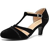 LIURUIJIA Women's T-Strap Mary Jane Pumps - Vintage Low Kitten Heels for Dance, Retro Party, or Cosplay