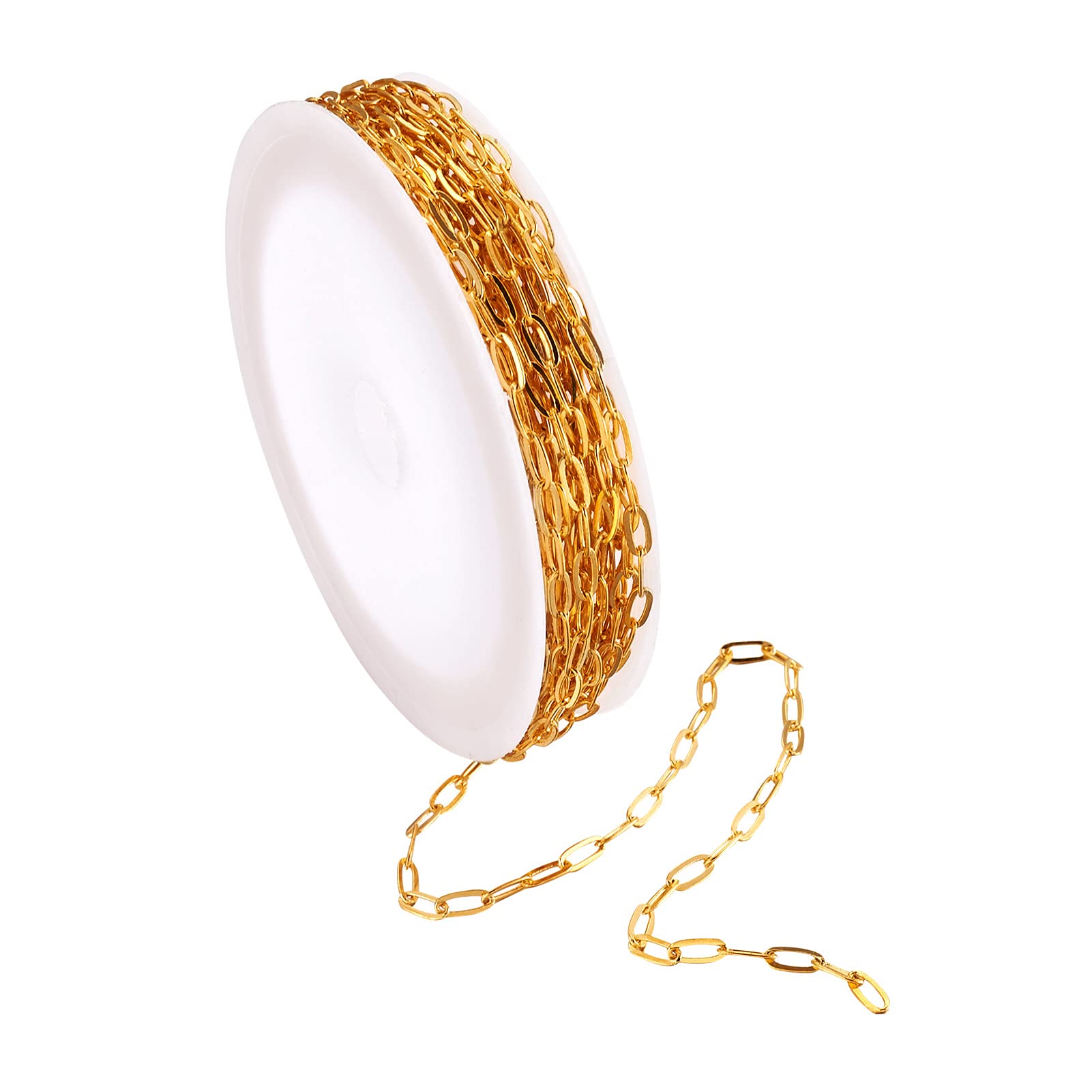 Beadthoven 16.4Ft Gold Plated Brass Paperclip Link Chains 7.6x2.6mm Flat Oval Soldered Drawn Elongated Cable Chains with Spool for Bracelet Anklets Choker Jewelry Making