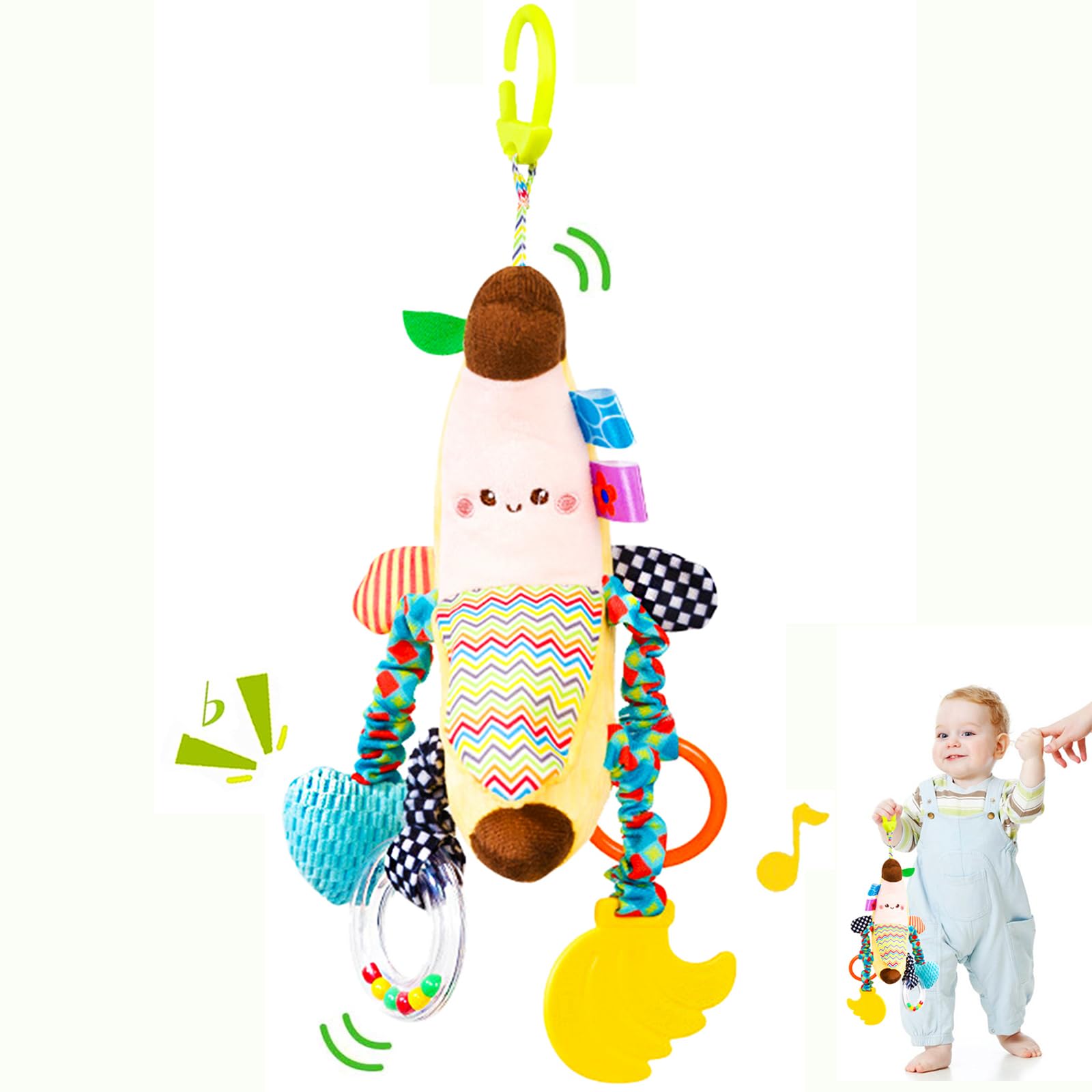 Felly Clip on Pram and Pushchair Toys for Babies 0-6 Months, Sensory Toys for Newborn, Interactive Hanging Rattle, Car Seat Stroller Soft Plush Toy, Travel Activity, Baby Shower Gifts for Boys Girls
