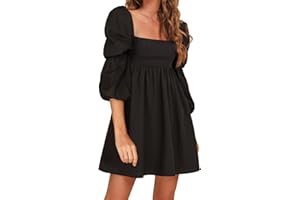 EXLURA Womens Square Neck Dress Long Puff Sleeve A-Line Casual Short Mini Dress