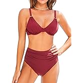 CUPSHE Women's Bikini Sets Two Piece Swimsuit Underwire V Neck High Waisted Ruching Adjustable Straps Back Tie