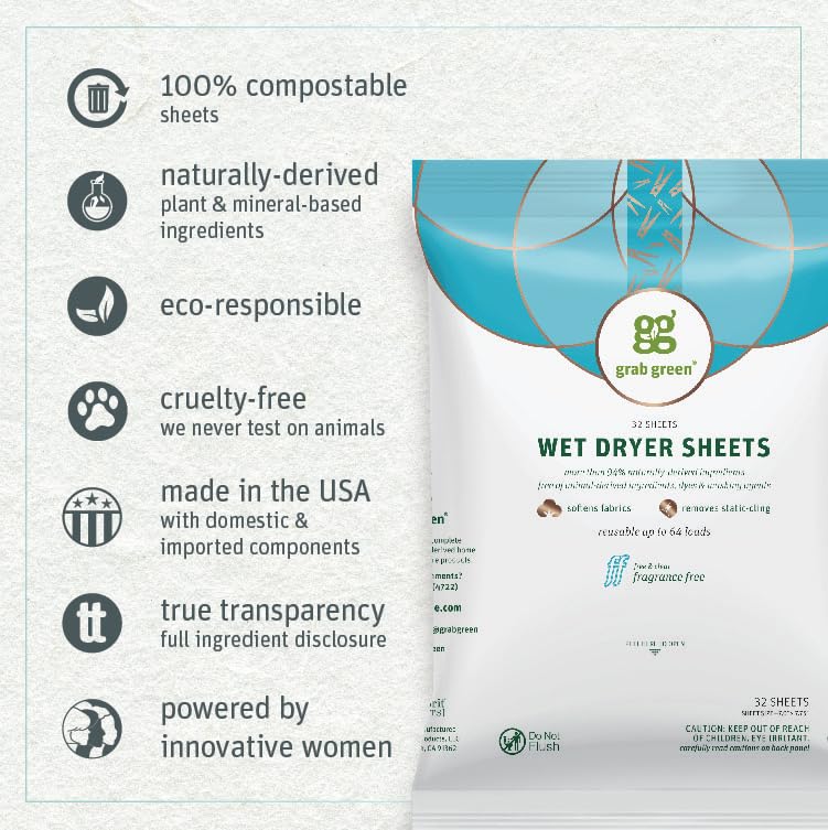 Grab Green Wet Dryer Sheets, 96 Sheets (192 Loads), Fragrance Free, Plant and Mineral Based, Reusable and Compostable, Softens Clothes, Removes Static Cling