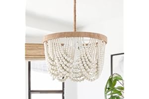 VILUXY Bohemia Wood Beaded Pendant Lights Antique Rustic Mini Chandelier White Finishing for Bedroom, Nursery Room, Girl Room, Hallway, Entryway, Passway, Dining Room, 3-Light