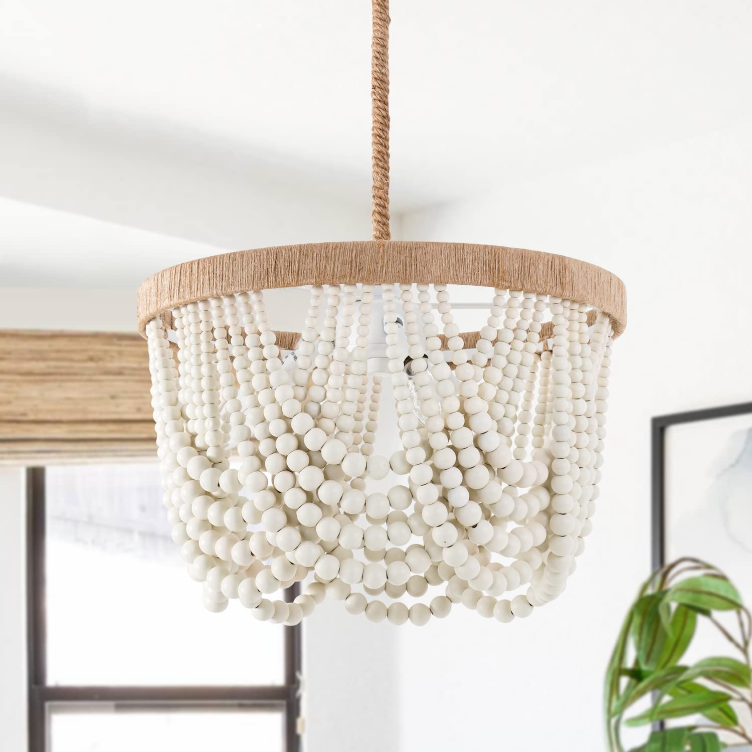Photo 1 of VILUXY Bohemia Wood Beaded Pendant Lights Antique Rustic Mini Chandelier White Finishing for Bedroom, Nursery Room, Girl Room, Hallway, Entryway, Passway, Dining Room, 3-Light