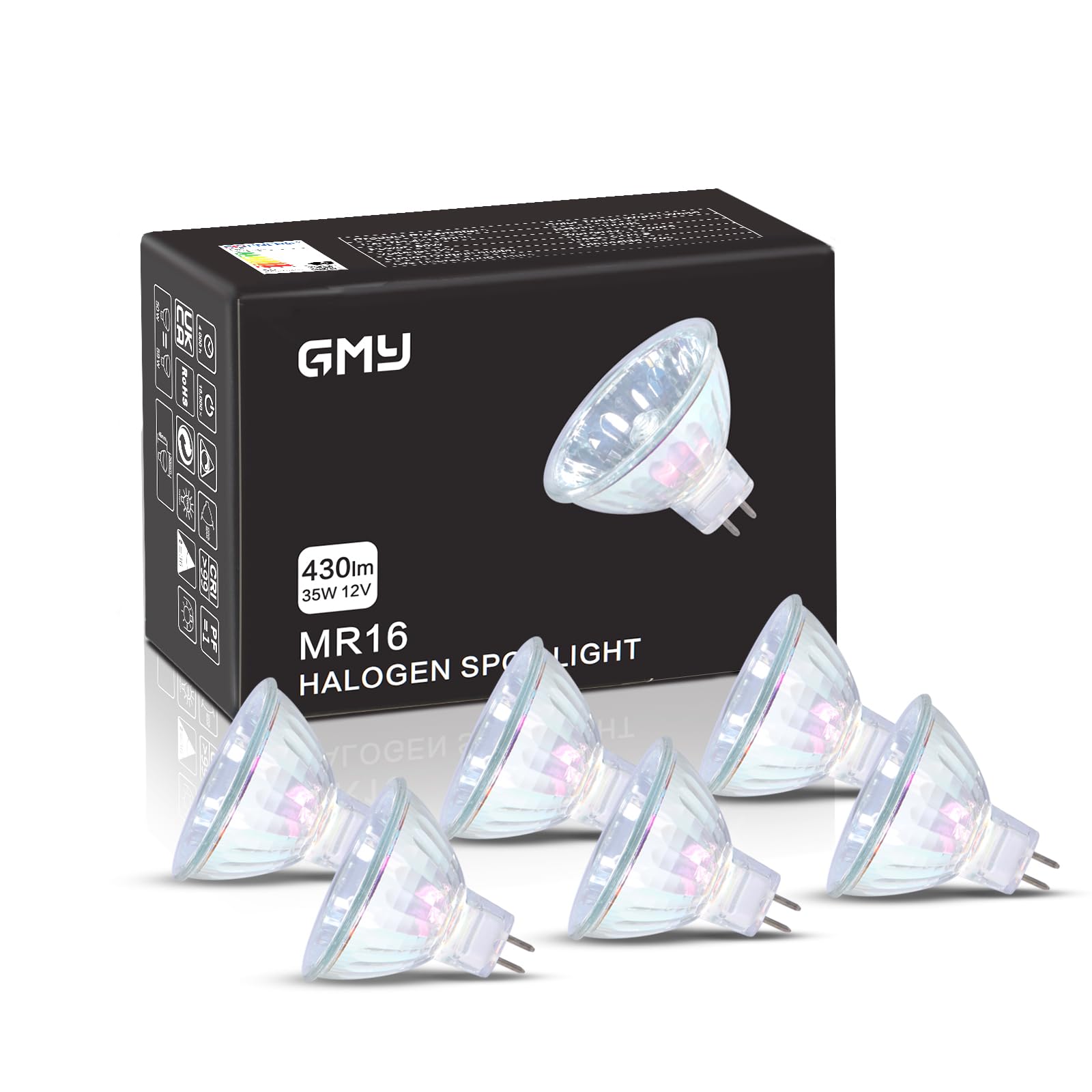 GMY MR16 Halogen Light Bulbs 35W 12V, GU5.3 Spotlight Bulb Dimmable, 4000 Hours Extra Long Lifetime, 2 Pin Base 36°Beam Angle, 3000K Warm White Dichroic 6 Pack