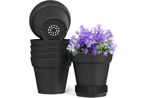 WSMKSZ 5 Inch Plastic Plant Pots with Drainage Holes and Trays – 6 Pack Small Nursery Pots for Indoor & Outdoor House Plants and Flowers, Seedling Starter Planters, Matte Black