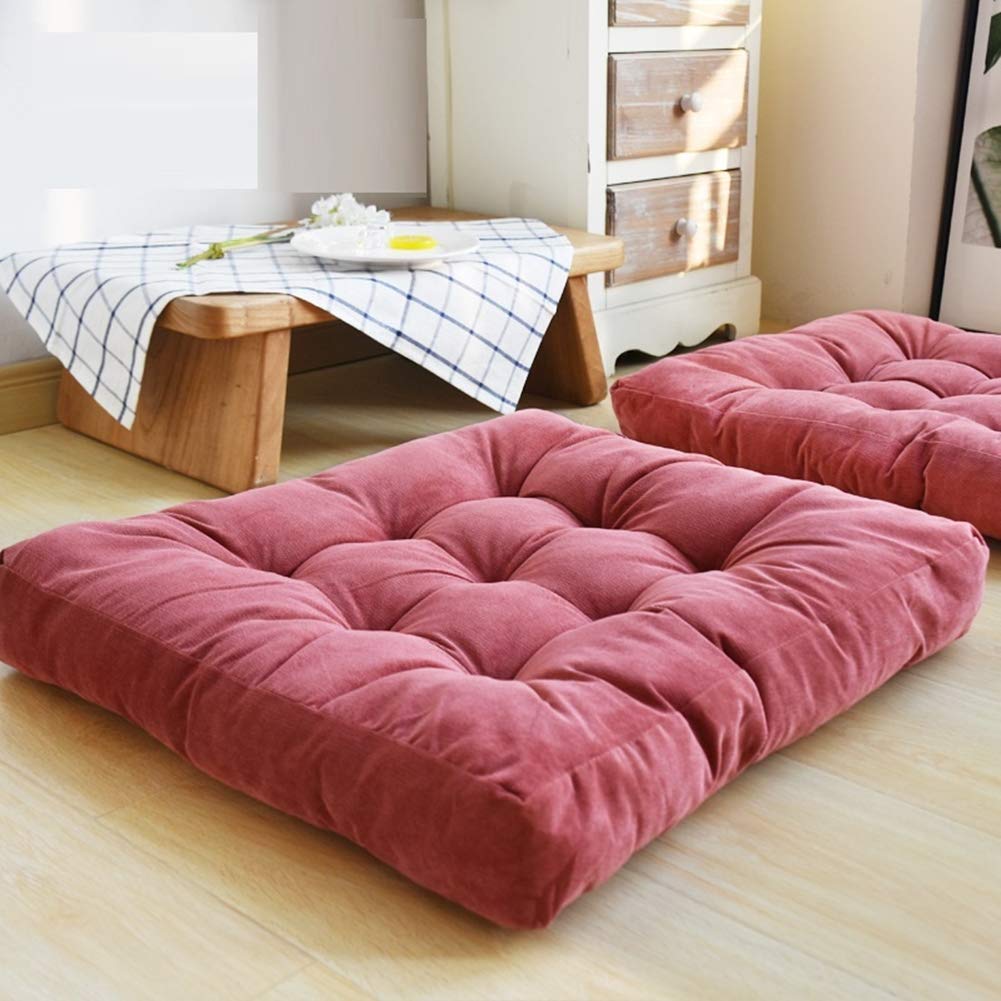 HIGOGOGO Solid Square Seat Cushion, Tufted Thicken Pillow Seat Corduroy Chair Pad Tatami Floor Cushion for Yoga Meditation Living Room Balcony Office Outdoor(Watermelon Red,55x55cm)