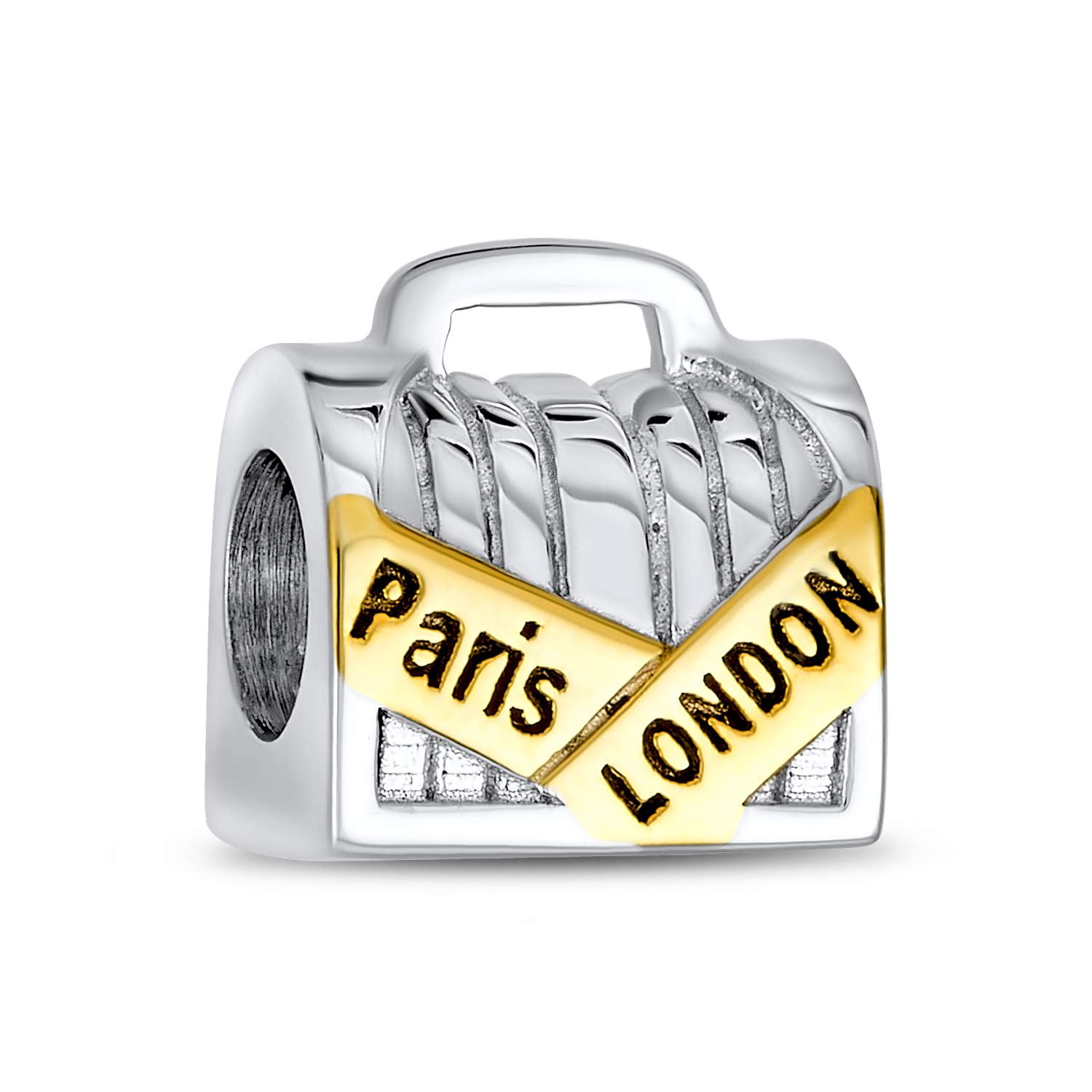 Bling Jewelry Vacation Honeymoon Tourism London Paris Travel Suitcase Luggage Charm Bead For Women Teens Two Tone Gold Plated .925 Sterling Silver Fits European Bracelet