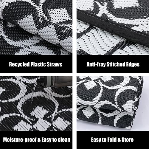 HUGEAR Outdoor Rug, Large Waterproof Outdoor Area Rug, Reversible Portable Outdoor Plastic Straw Carpet for RV Deck Camping Front Door Indoor Outside Porch Picnic (5x8ft Clover Black&White)
