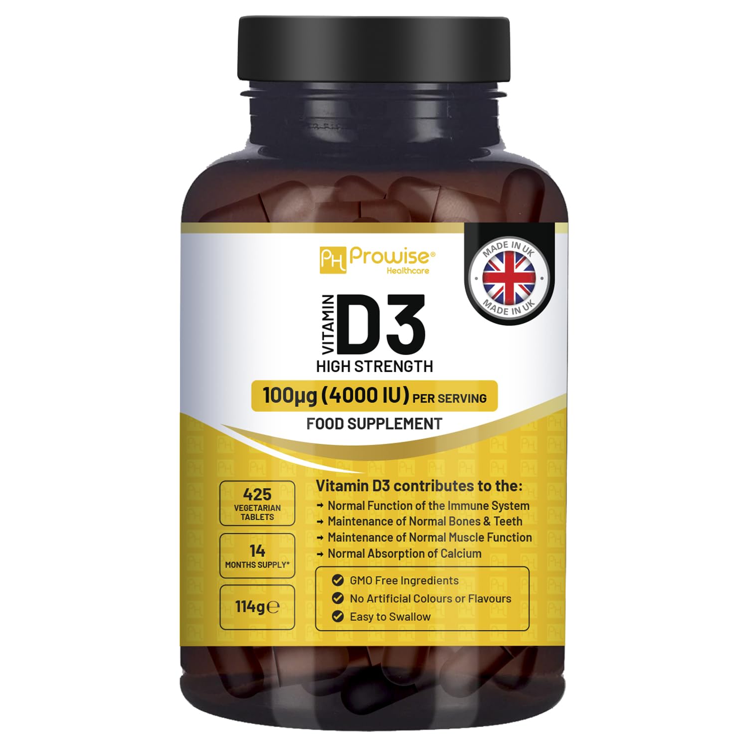Vitamin D3 4000 IU High Strength I 425 Vegetarian Tablets (14 Months Supply) I Easy Swallow Vitamin D3 Supplement for Immune Support, Calcium Boost, Bone & Muscle I Vitamin D Made in the UK by Prowise
