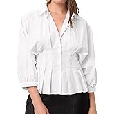Women's Long Sleeve Button Down Shirt Peplum Hem Blouse with Voluminous Sleeves, Elegant Work Office Wear & Casual Tops