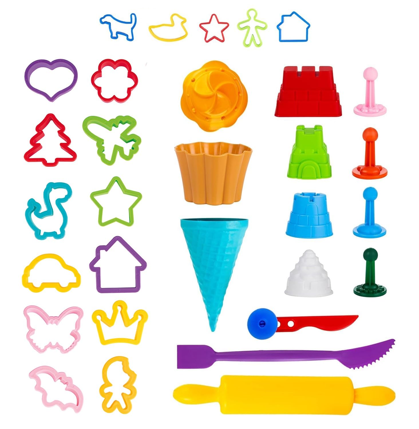 Genio Kids Modelling Dough Tools Set 32 Pcs - Dough Cutter Rollers, Sandcastle Cake and Ice Cream Moulds, Plasticine Clay Stamps, Creative Gift Set for Kids, Toddlers, Pre-School