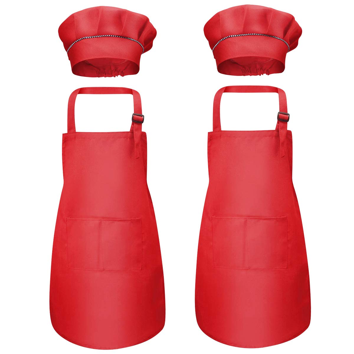 Disino 4 Pcs Red Kids Apron and Chef Hat Set, Boys Girls Adjustable Aprons with 2 Pockets, Children Chef Apron Toddler Kitchen Garden Bib Aprons for Cooking Crafting Painting Baking (7-13 Year)