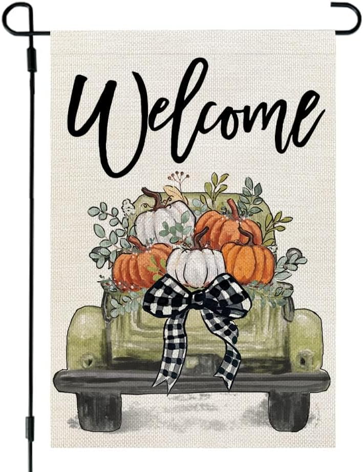 Flags - CROWNED BEAUTY Fall Garden Flag 12x18 Inch Double Sided for Outside Burlap Pumpkin Truck Small Seasonal Autumn Yard Decoration CF1013-12
