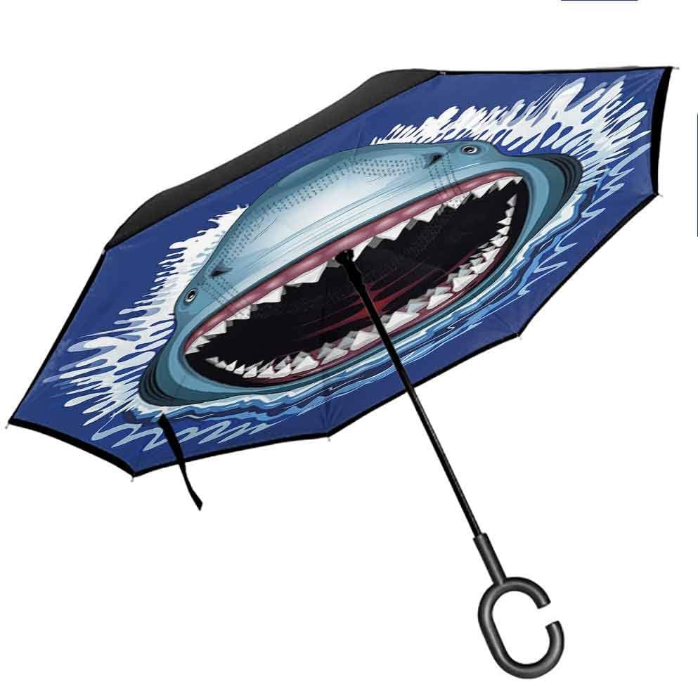 Inverted Upside Shark,Attack of Open Mouth Sharp Teeth Sea Danger Wildlife Ocean Life Cartoon,Royal Blue Teal Umbrella for Women