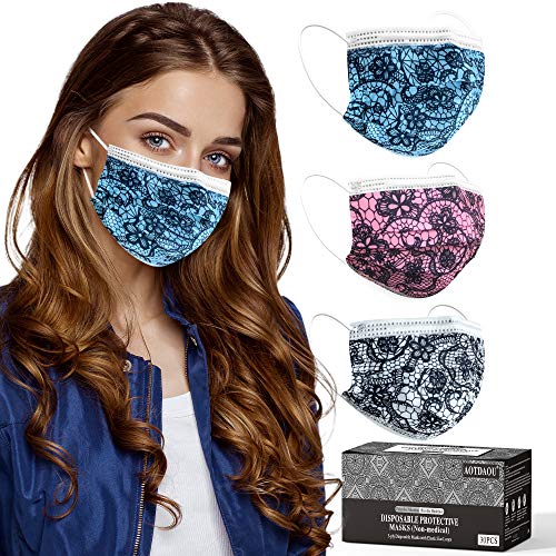 Lace Disposable Face Masks, 3 ply Earloop Printed Lace Face Masks, Soft Fashion Masks for Women with Designs, Fancy Patterned Breathable Face Mask with Adjustable Nose Wire - 30PCS