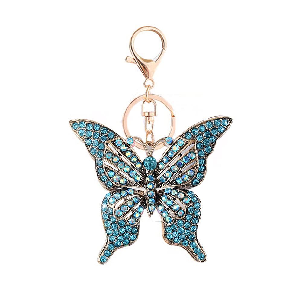 Butterfly Rhinestone Keychain,Sparkling Alloy Charm Keyring Pendant (Light Blue)