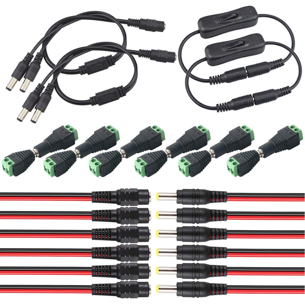 QitinDasen DC Power Connector Kit: 6 Pairs 12V/24V Adapters with Pigtail Cables, Inline Switch and 1-to-2 Splitter