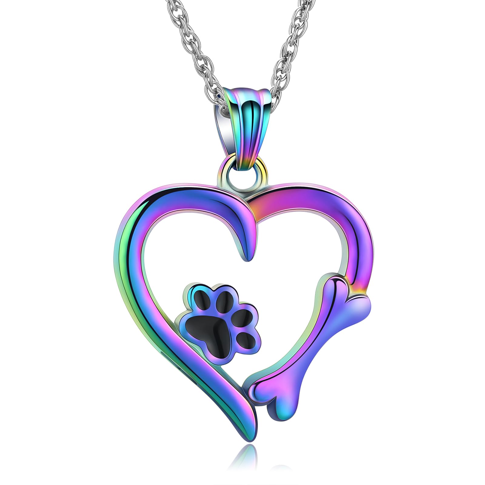 QGJNSGC Paw Print Urn Necklace Heart Locket Necklace for Ashes Dog Cat Charms Pendant Cremation Jewelry Cat Dog Keepsake Memorial Gifts for Women Girls (Rainbow)