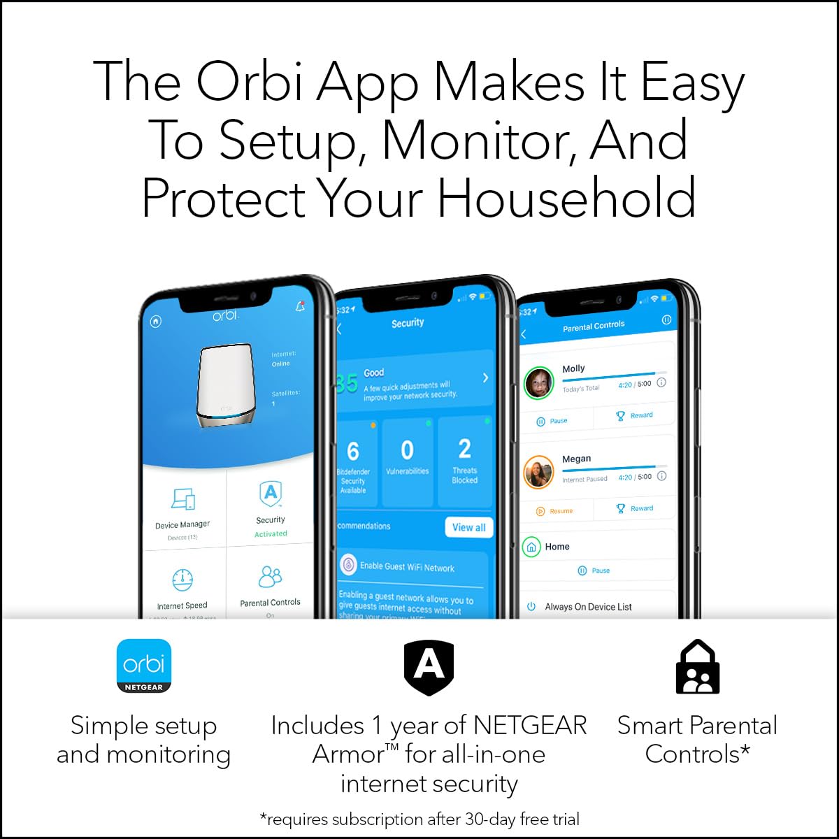 NETGEAR Orbi Tri-Band WiFi 6 Mesh Network System (RBK862S) – Router + 1 Satellite Extender, Security Features, Up to 6Gbps, Up to 5,400 sq. ft., 100 Devices, 10 Gig Internet Port, Armor Subscription