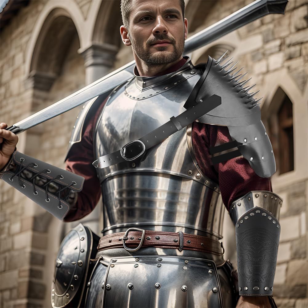 XGOPTS Medieval Knight Shoulder Armor Retro Leather Viking Warrior Shoulder Guard Adjustable Cosplay Fancy Dress Costume Outfit Halloween Viking Punk Warrior Armor Costume Props
