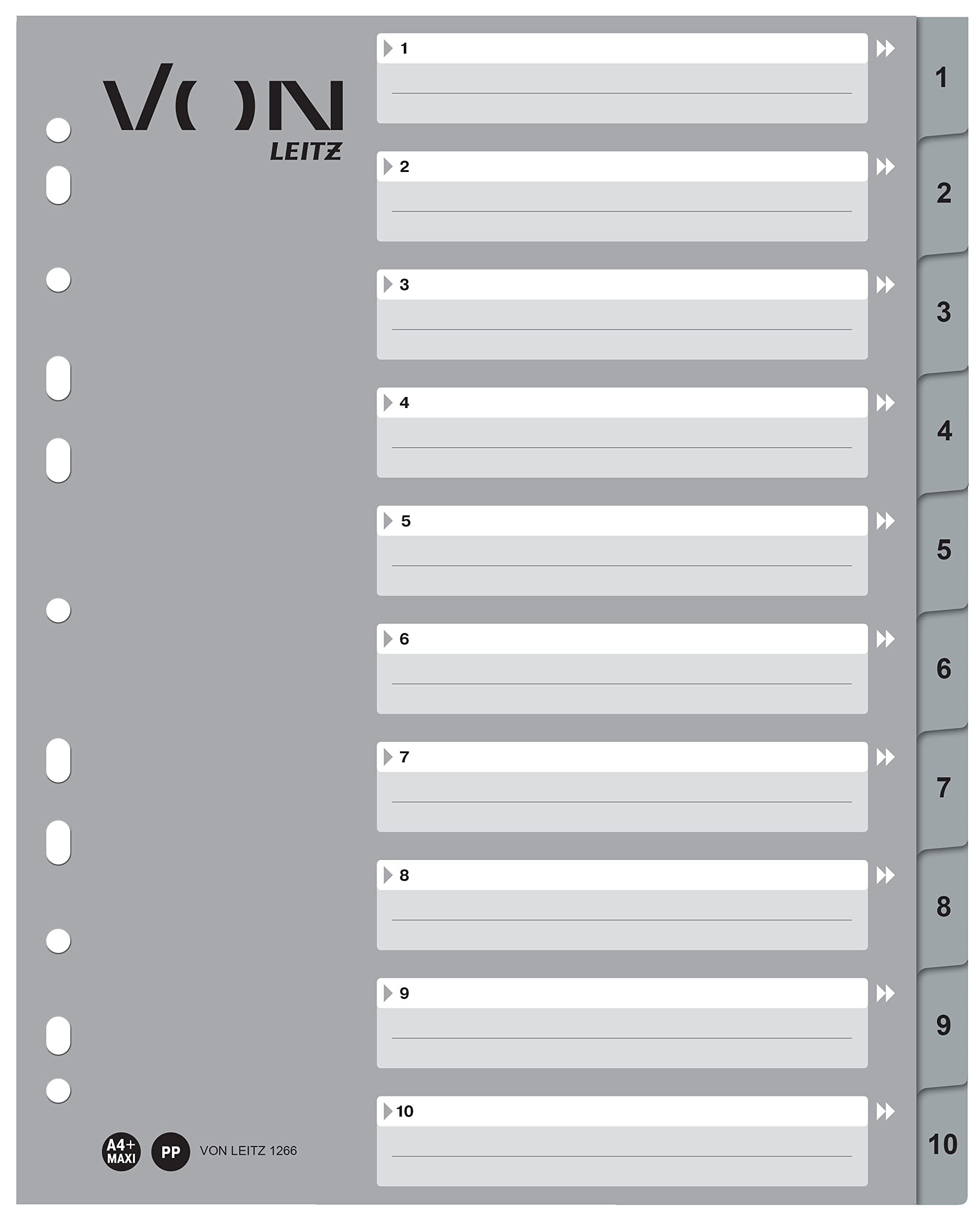 VON Leitz 10 Pack of 10 Number Indexes A4, 1-10 Numbered Dividers for Folders, Polypropylene, Von Leitz Leitz, Extra Wide, 11-Hole Universal Index for Loose Leaf Folders and Ring Binders, Grey,